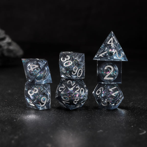 Rolldnddice Resin Glitter liquid Core Dice Set Sharp Edge Polyhedral  D and D Dice For Role Playing Games Table Games
