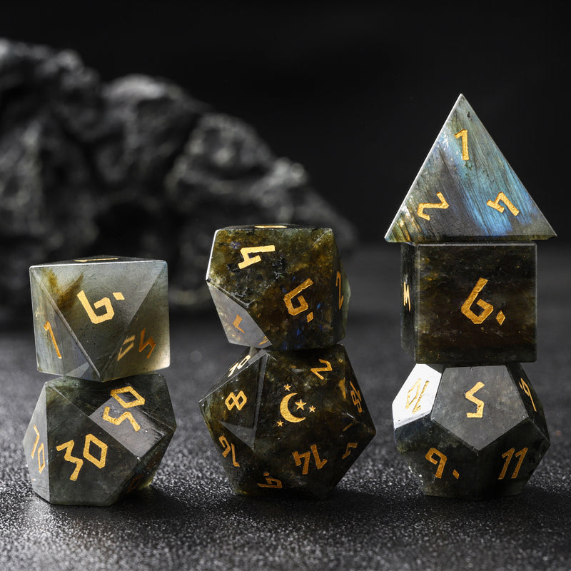 Labradorite Moon Star Gemstone D&D Dice Set Engraved  Dice