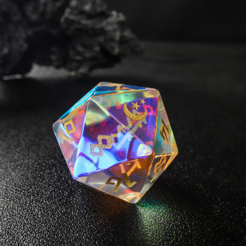 Prismatic Transparent Glass Engraved Moon Star  D&D Dice Full Set