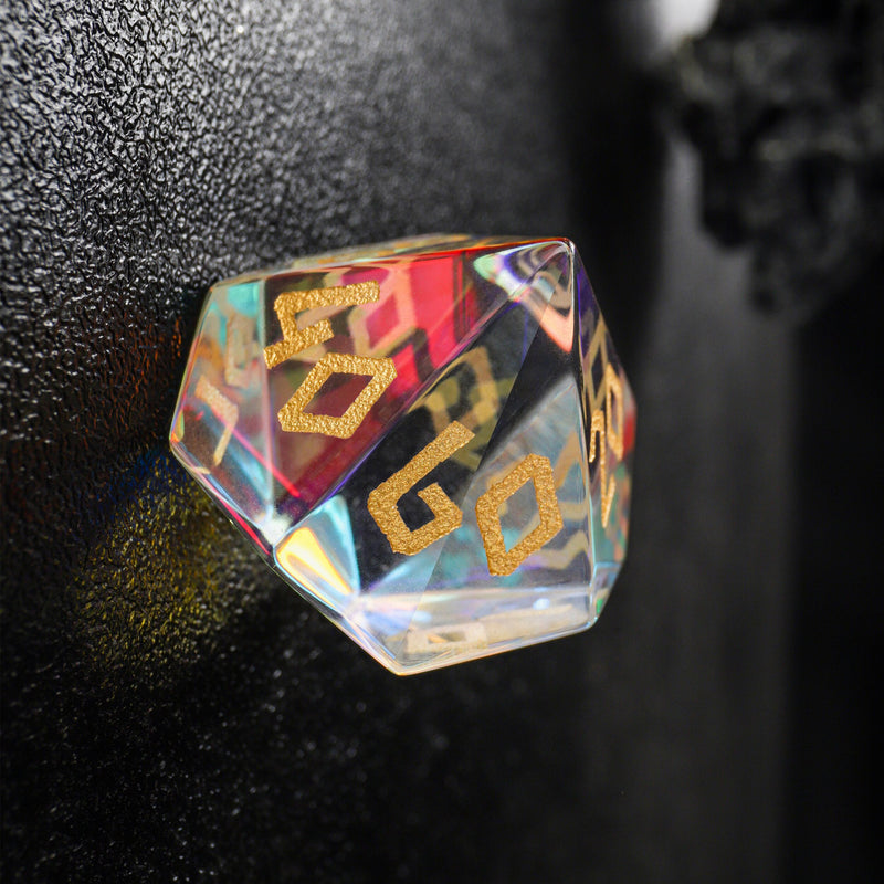 Prismatic Transparent Glass Engraved Moon Star  D&D Dice Full Set