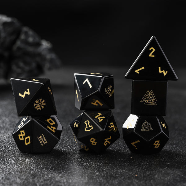 Nordic Style Viking Obsidian Gemtone Full Set D&D Dice  Gaming Accessories