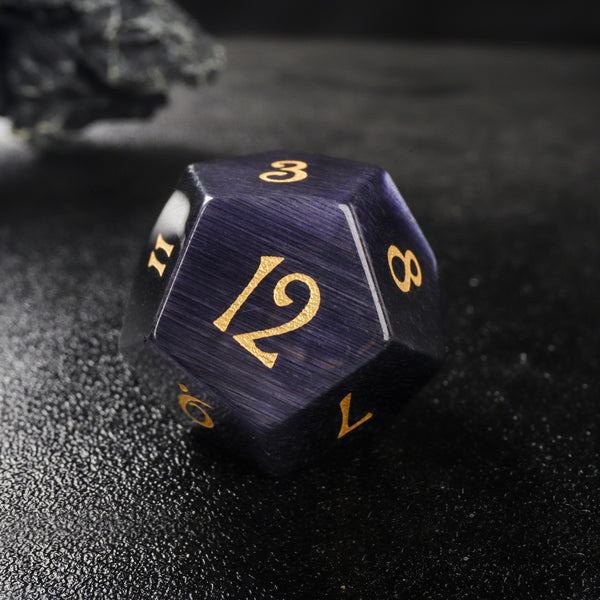 Dark Purple Cat’s Eye Gift Compatible for D&D  Gemstone Dice Engraved Moon Cat
